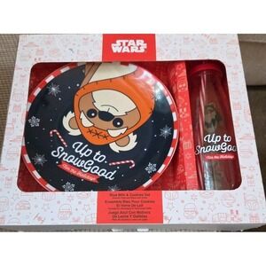 NIB Disney Star Wars Ewok Christmas Holiday Milk and Cookie Plate & Bottle Set